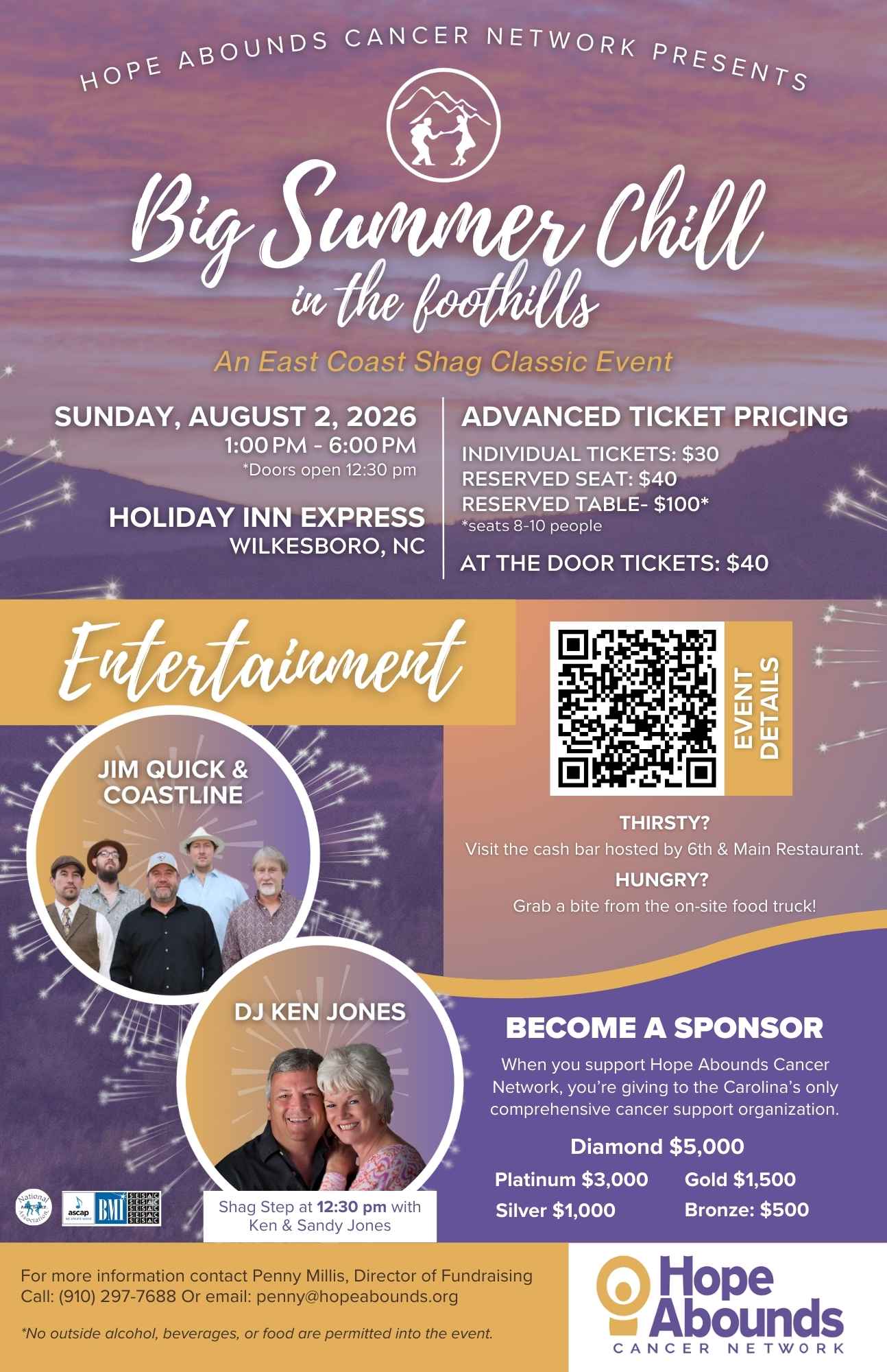 2026 BSC General Flyer Event flyer for "Big Summer Chill" on August 2, 2026, featuring Jim Quick & Coastline, DJ Ken Jones; benefits Hope Abounds Cancer Network.