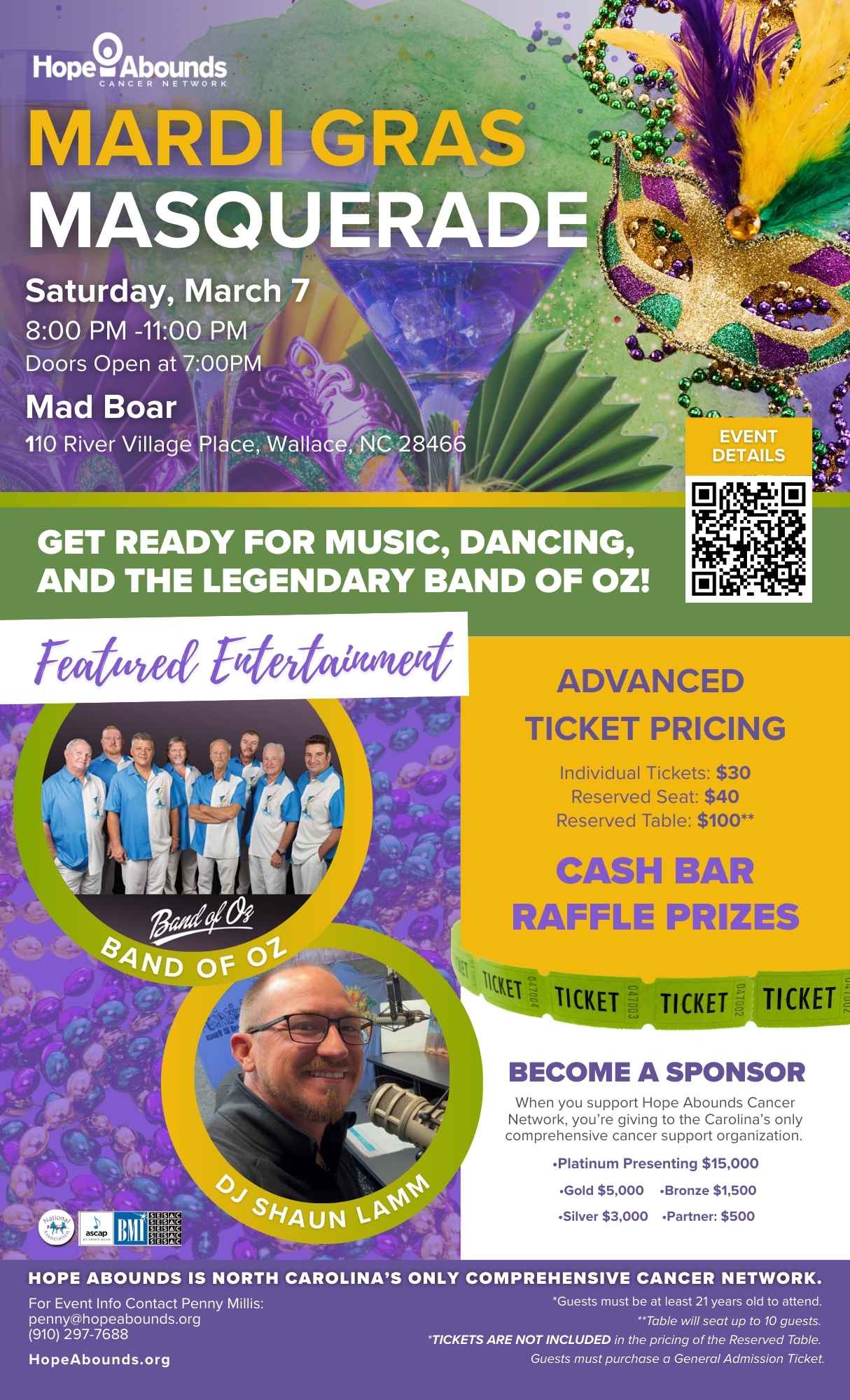 Hope Abounds – Mardi Gras Masquerade Flyer Mardi Gras Masquerade event flyer featuring music by Band of Oz, hosted by Hope Abounds. Includes ticket pricing and sponsorship info.