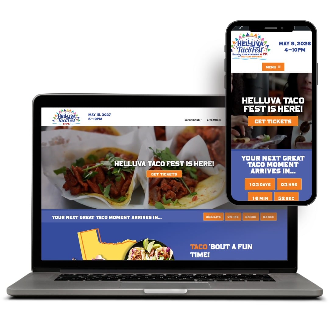 Helluva Taco Fest at PK Website design for Helluva Taco Fest, showcasing event details, countdown timer, and vibrant taco images on laptop and smartphone screens.