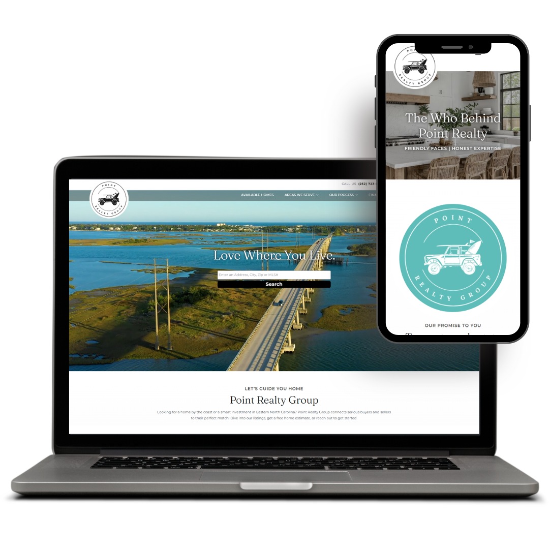 Point Realty Group Sample Laptop and smartphone displaying a real estate website design for Point Realty Group, featuring a bridge and coastal landscape.