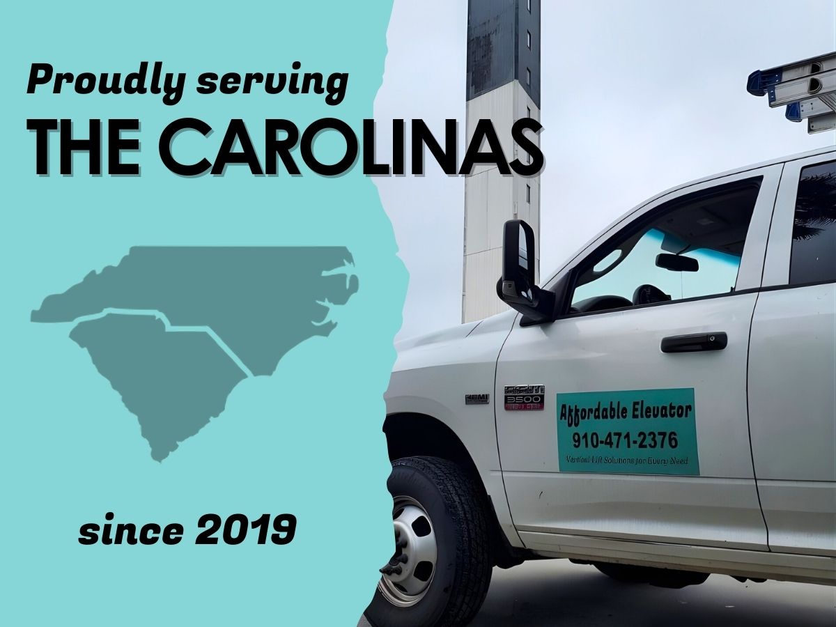 Affordable Elevator Social Media Example Truck with "Affordable Elevator" logo and contact number, next to text: "Proudly serving the Carolinas since 2019." Ideal for website design.