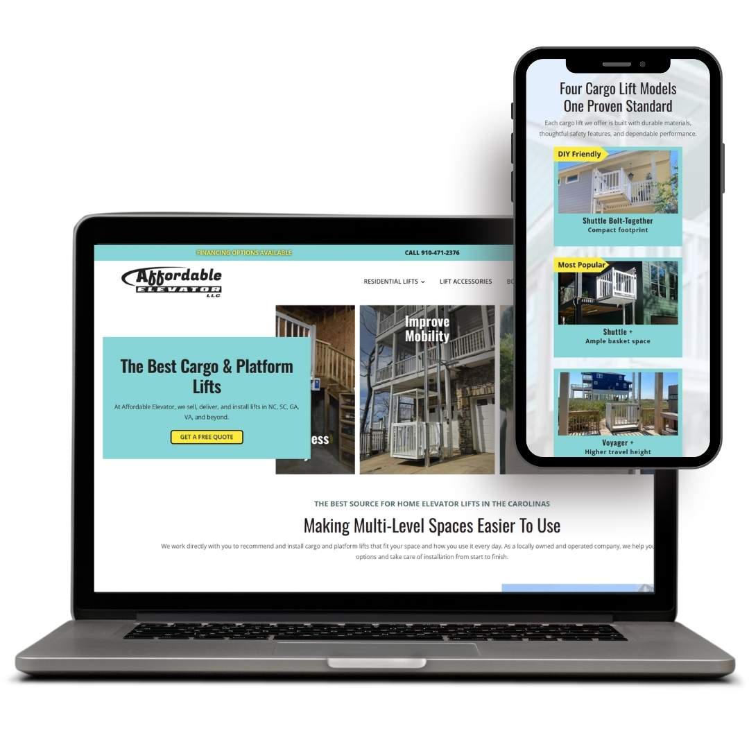 Affordable Elevator Laptop and smartphone displaying a website design for Affordable Elevator showing cargo and platform lifts, highlighting mobility solutions.