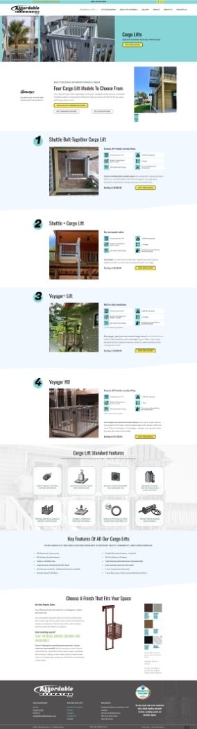 Affordable Elevators Cargo Lift Page Webpage showcasing various cargo lift models with features, specifications, and design options in a clean, organized website design layout.