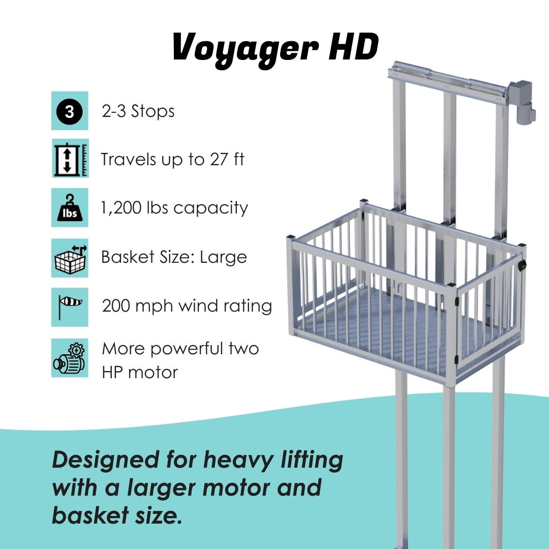 Affordable Elevator Social Media Example Voyager HD features include 2-3 stops, 27 ft travel, 1,200 lbs capacity, large basket, 200 mph wind rating, and powerful two HP motor. Ideal for websi