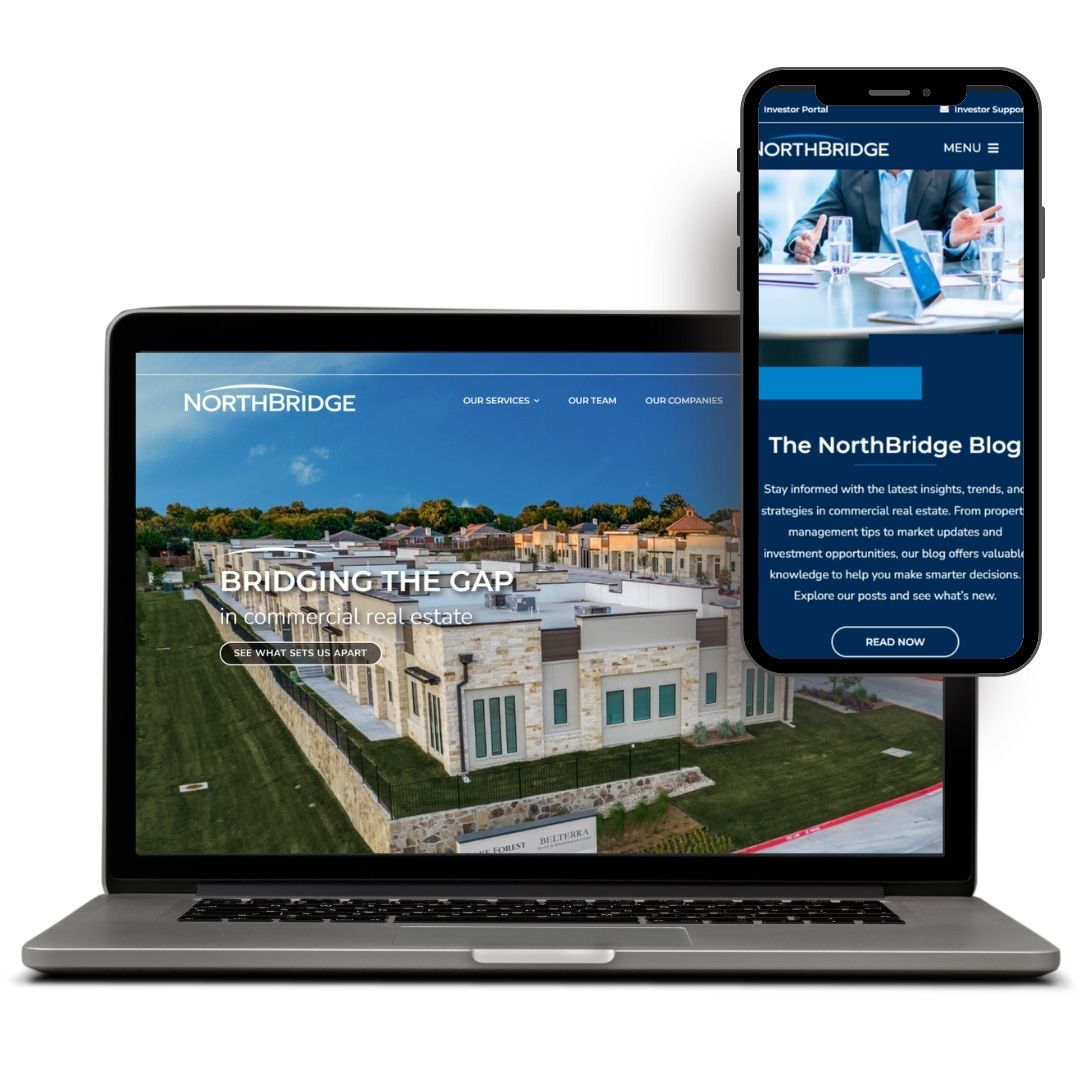 Laptop and smartphone display NorthBridge's website design, showcasing commercial real estate services and a blog section.