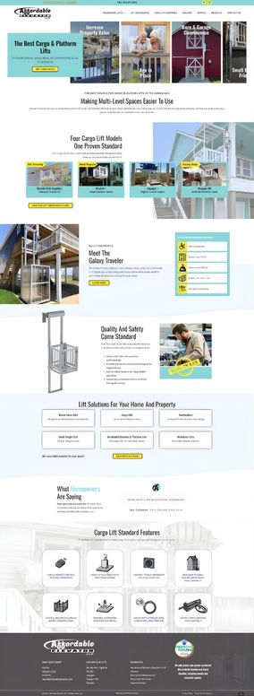 affordable elevators homepage Web page showcasing cargo lift solutions, featuring models, safety standards, customer testimonials, and website design emphasizing ease of use.