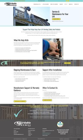 Affordable Elevator – Services Website design of a company offering elevator maintenance services, featuring sections on services, maintenance, support, and contact information.