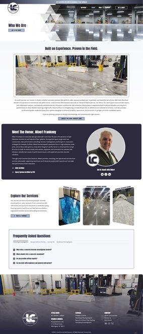Loral Concrete – About Industrial-themed website design showcasing company services, owner introduction, and FAQ section. Focus on flooring solutions and expertise.