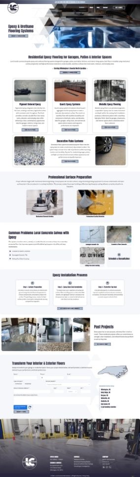 Loral Concrete – Epoxy Epoxy flooring website design showcasing services, process, and past projects with images and descriptive text sections.