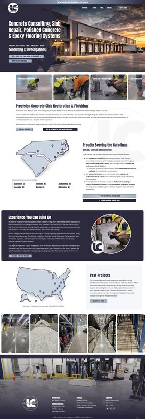 Loral Concrete – Homepage Concrete services website design showcasing repair and finishing expertise, service areas in the Carolinas, and past project images.