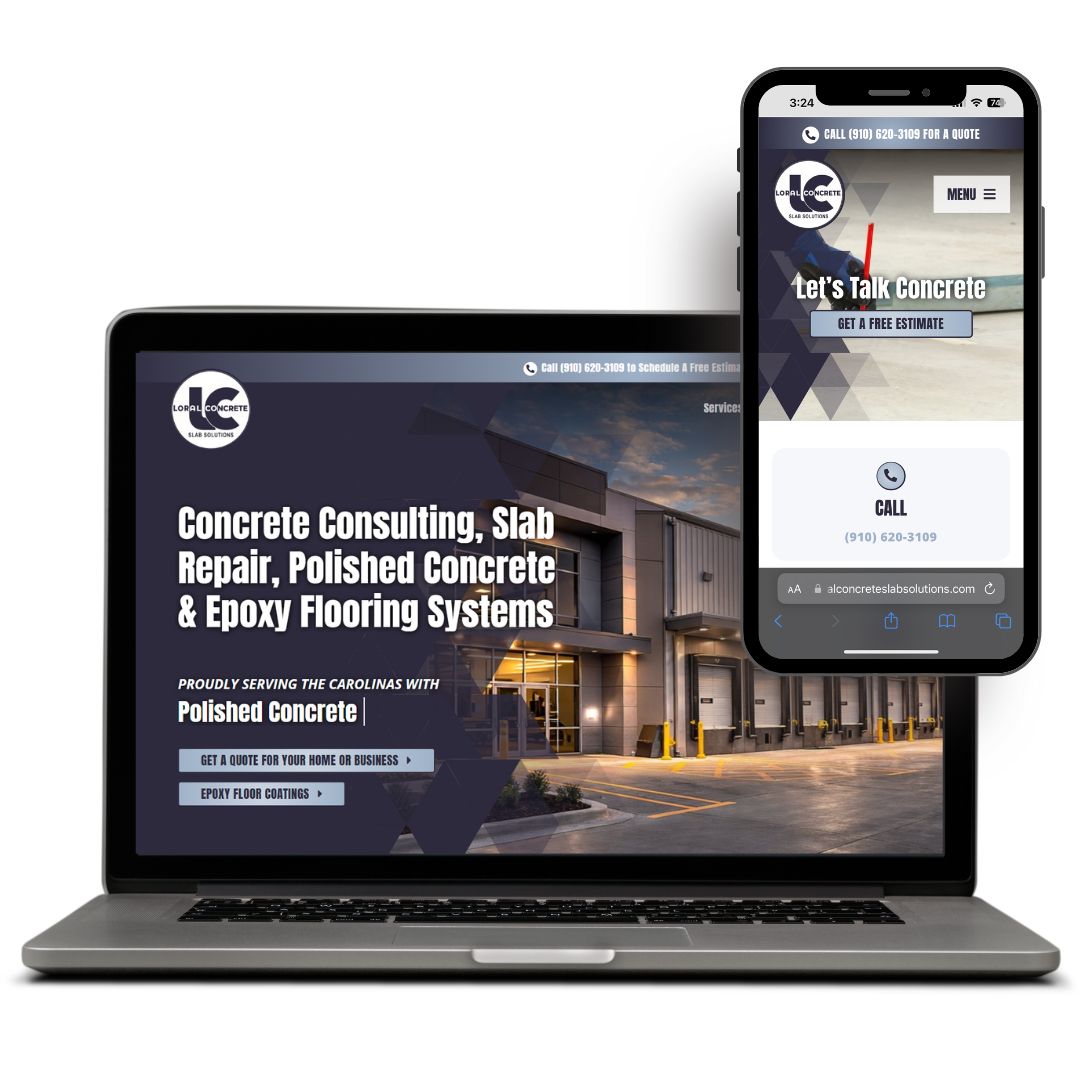Loral Concrete Slab Solutions Laptop and smartphone displays showcasing a responsive website design for concrete services, highlighting consulting, repair, and epoxy flooring syste