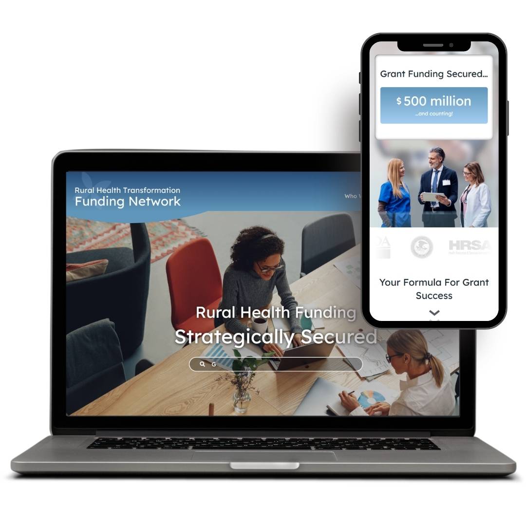 Laptop and smartphone displaying a website design for Rural Health Transformation Funding Network, highlighting grant success and funding information.