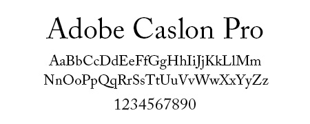 Adobe Caslon Pro font sample displaying uppercase, lowercase letters, and numbers, ideal for classic website design elements.