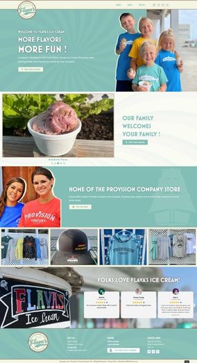 Flavas Homepage Ice cream shop website design featuring family images, ice cream close-up, store merchandise, and promotional banners.