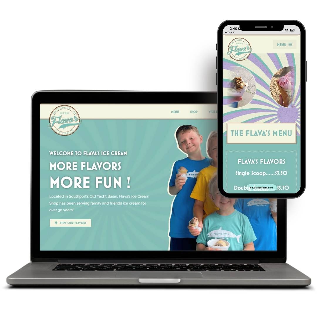 Flavas Ice Cream (1) Flava’s Ice Cream website design on laptop and phone, featuring playful graphics, menu, and kids enjoying ice cream.