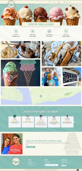 Flavas – Visit Us Page Colorful ice cream website design featuring cones, sandwiches, customer reviews, map, and happy customers at "Flava's Ice Cream."