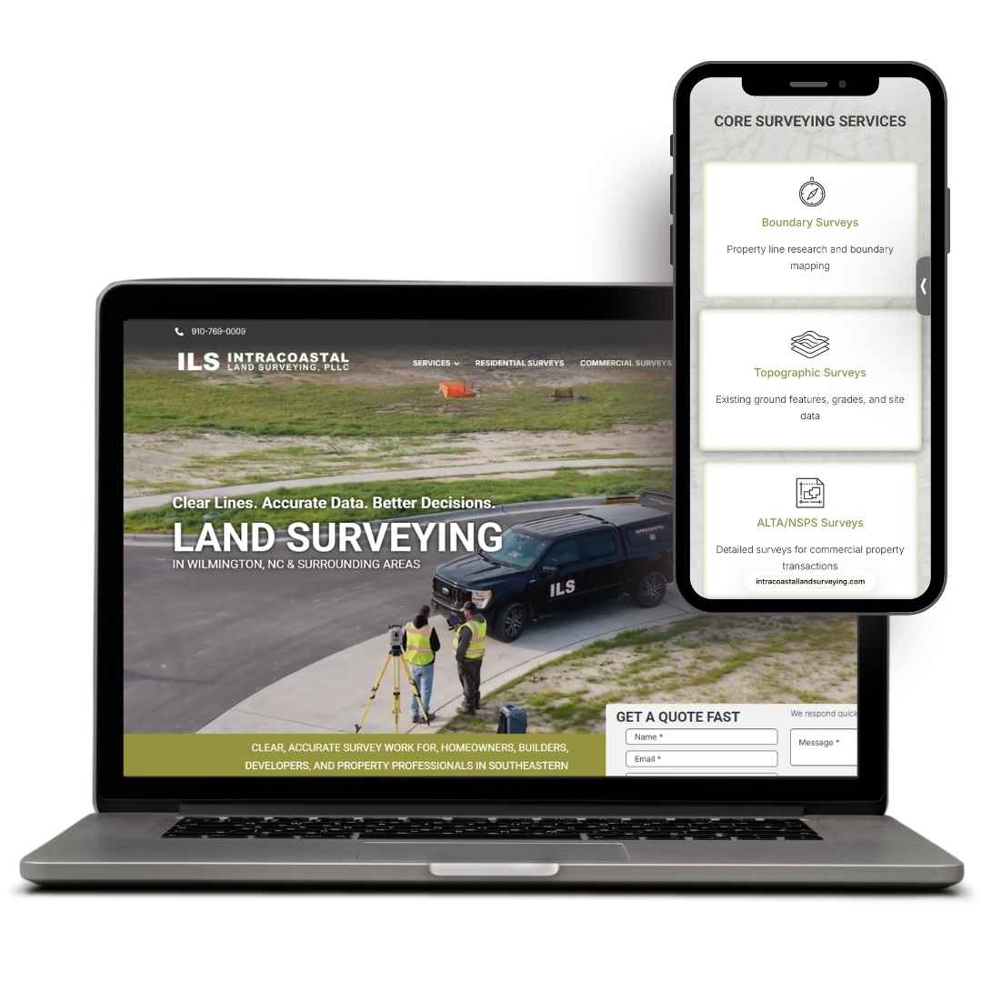 Laptop and smartphone display land surveying website design featuring services and contact form for Intracoastal Land Surveying.