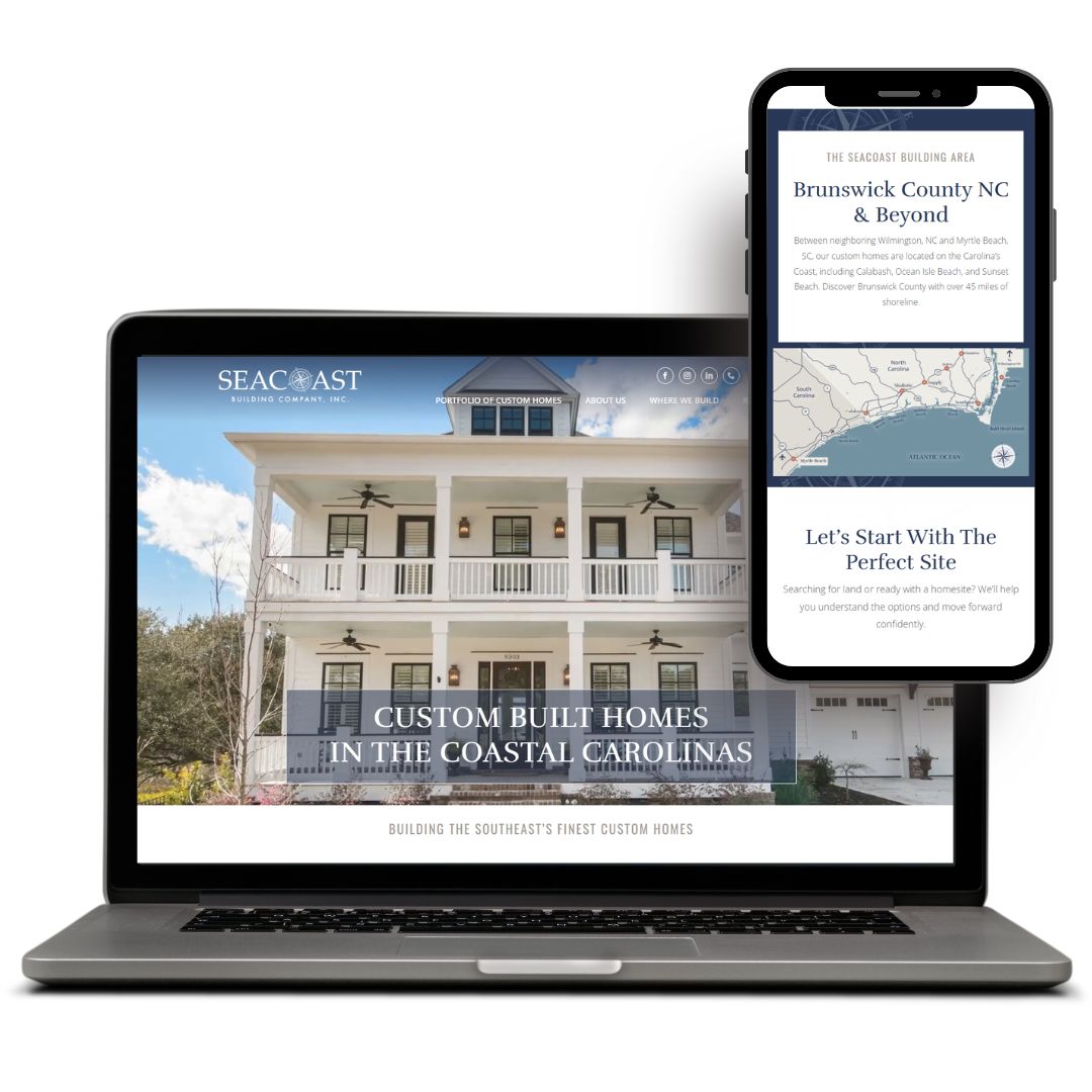 Laptop and smartphone displaying Seacoast building company's website design with custom homes in Coastal Carolinas theme.