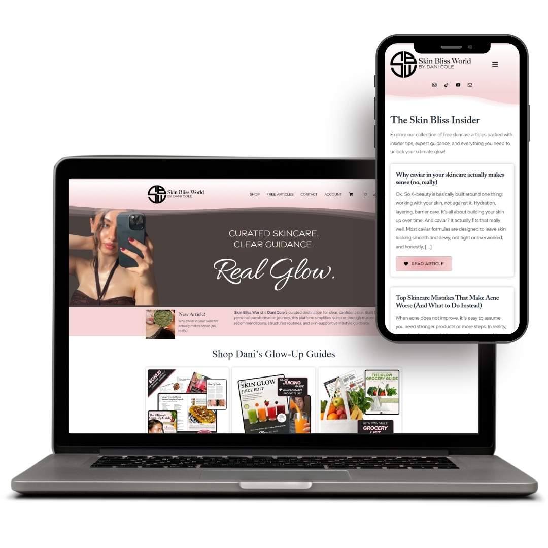 Laptop and phone display a skincare website design with articles and glowing skin guides by Skin Bliss World.