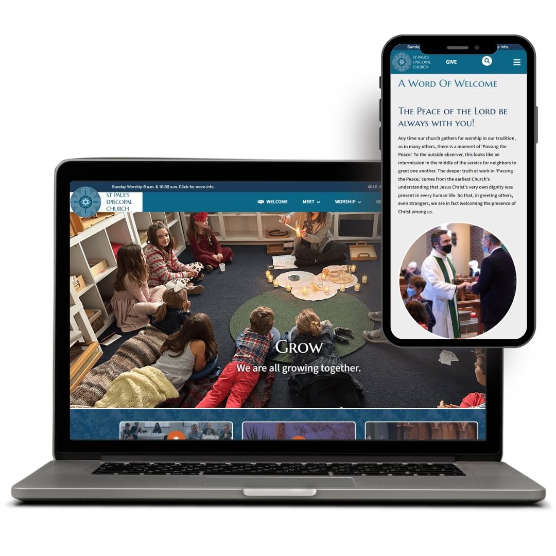 St Paul’s Episcopal Church Laptop and phone showcasing a church website design; children gathered in a circle and a pastor greeting a parishioner.