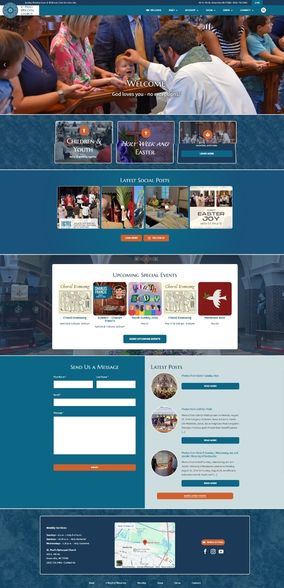 St. Paul’s Episcopal Church Homepage Church website design featuring welcome message, social posts, event listings, contact form, latest posts, and map.