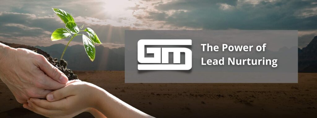 Hands holding a small plant, highlighting "The Power of Lead Nurturing" with a focus on website design. Sunlit sky in the background.