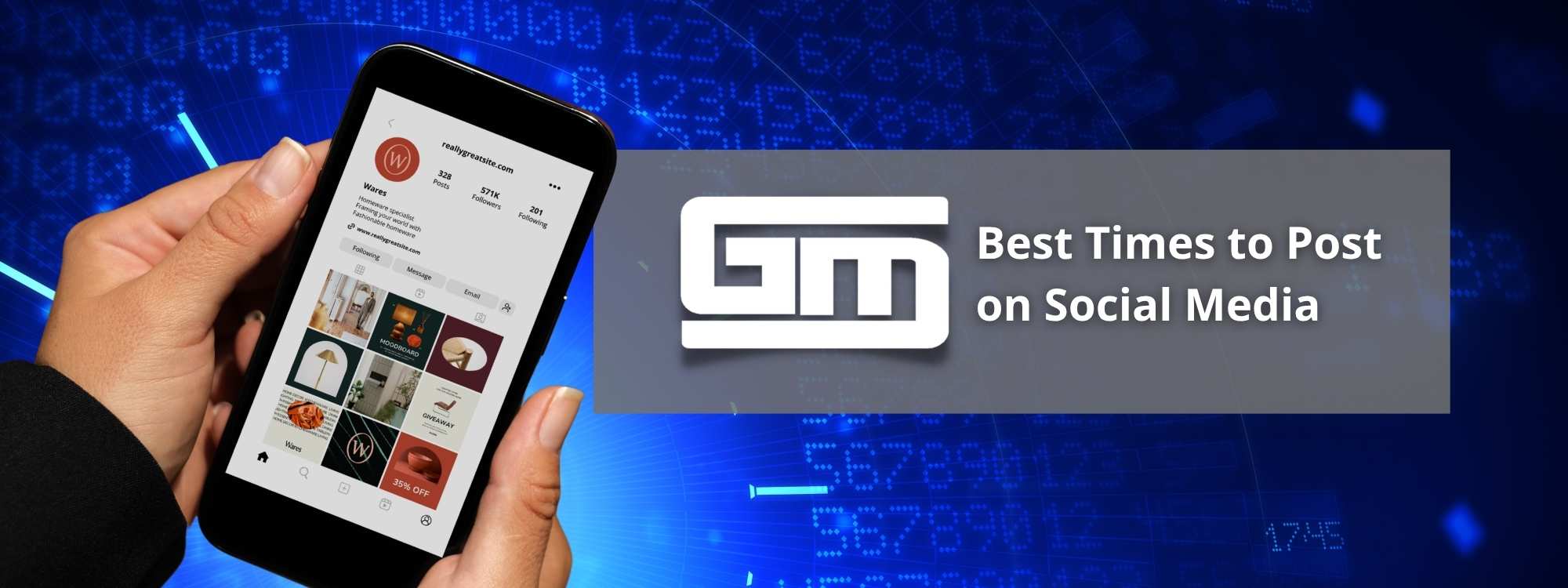 Smartphone displaying Instagram profile, overlayed with text "Best Times to Post on Social Media" on a digital background, reflecting website design t