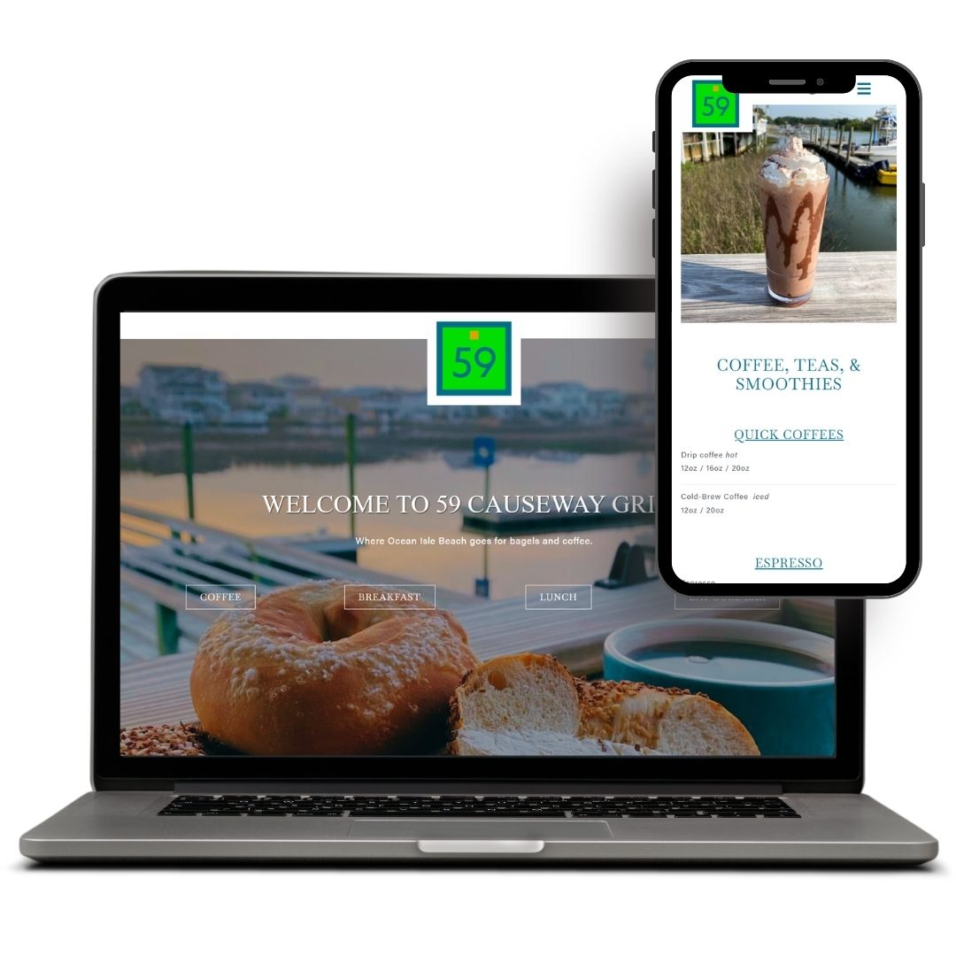 Laptop and phone display responsive website design for 59 Causeway Grill, featuring bagels and coffee offerings.