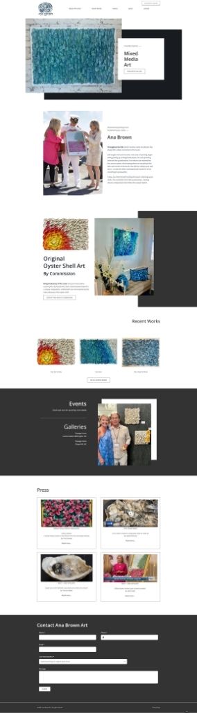 Ana Brown Art – Homepage Art website design showcasing mixed media, oyster shell art, recent works, event galleries, press highlights, and contact form.