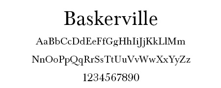Baskerville font showcasing uppercase, lowercase letters, and numbers, ideal for elegant website design.
