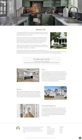 Built By Bryan – About Modern website design showcasing a kitchen, providing "About Us" details, philosophy, values, quality, customer experience, and contact information.