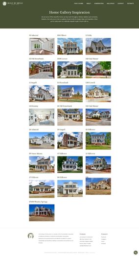 Built By Bryan – Gallery Home gallery webpage displaying 18 house design thumbnails on a green and white layout, showcasing diverse architectural styles for website design ins
