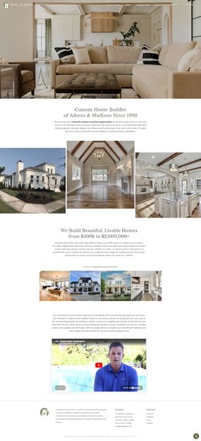 Built By Bryan – Homepage Custom home builder website design featuring elegant interiors, exterior views, service details, pricing, testimonials, and a video message.