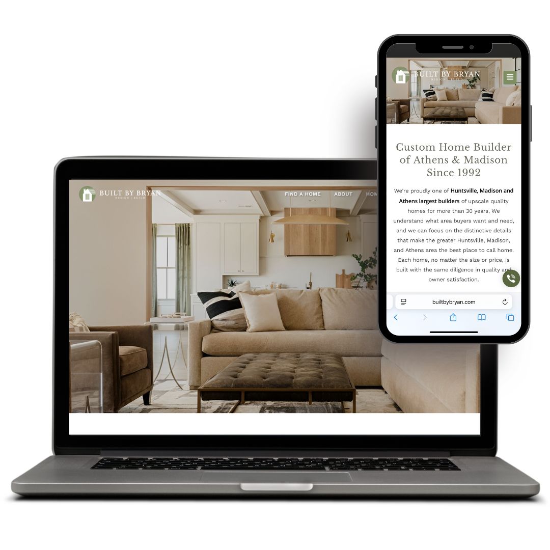 Built By Bryan Responsive website design displayed on laptop and smartphone, showcasing a modern custom home builder's site with cozy interior image.