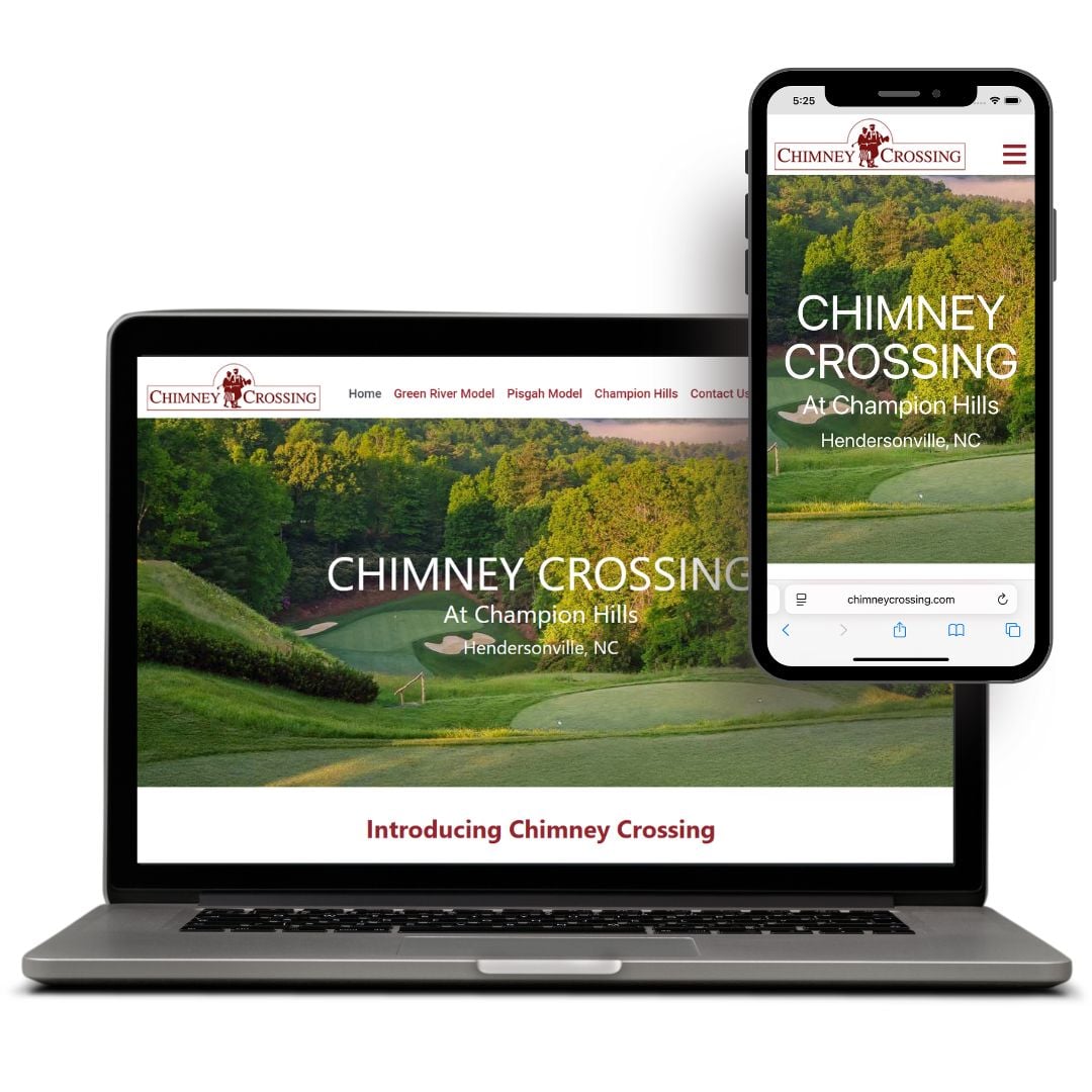 Laptop and smartphone displaying Chimney Crossing website design featuring a scenic golf course at Champion Hills, Hendersonville, NC.