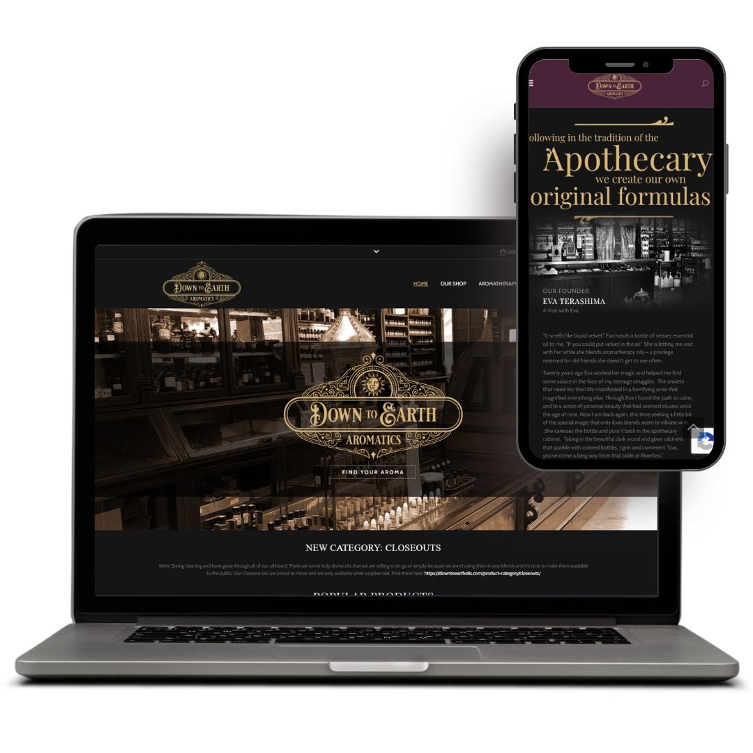 Laptop and smartphone display Down to Earth Aromatics website design, featuring apothecary-inspired branding and navigation.