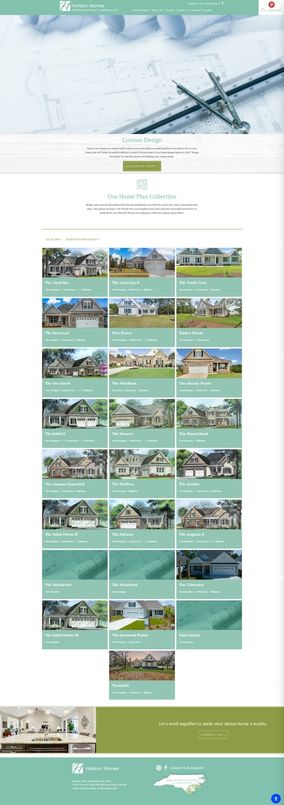 Horizon Homes – About Modern website design showcasing various home plans with images, navigation, and contact options for custom design services.