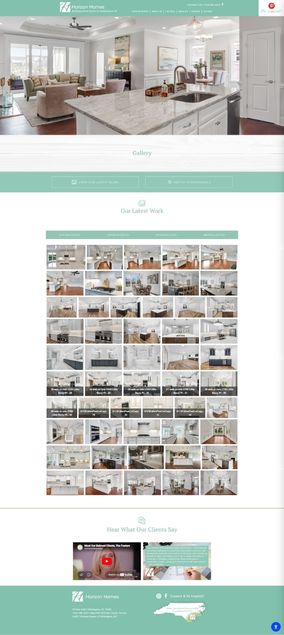 Horizon Homes – Gallery Kitchen-focused website design showcasing a spacious marble kitchen and gallery of past projects, featuring client testimonials at the bottom.