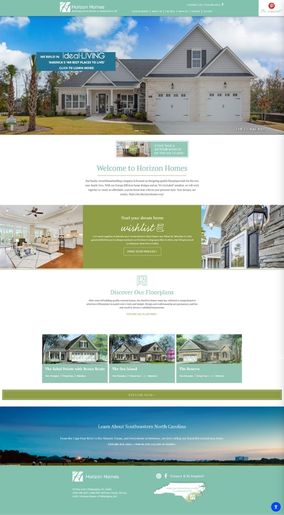 Horizon Homes – Homepage Horizon Homes website design featuring a modern house, interior views, floor plan options, and Southeastern North Carolina highlights.