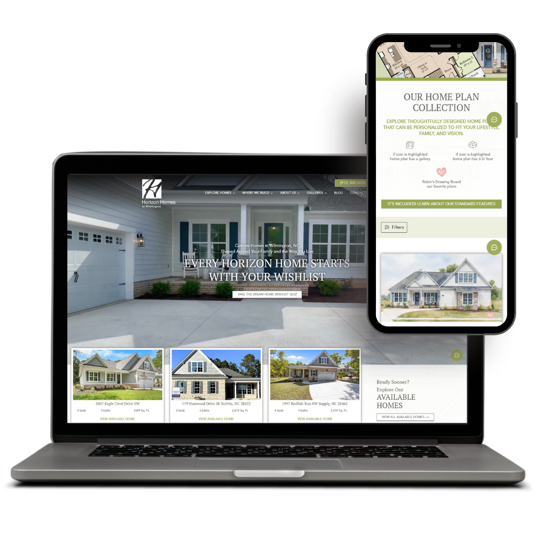 Horizon Homes Laptop and phone displaying a real estate website design with home listings and navigation features for custom home plans.