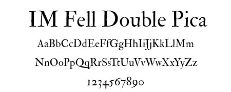 IM Fell Double Pica font sample showing uppercase, lowercase letters, and numbers, ideal for website design and typography projects.