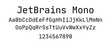 JetBrains Mono typeface sample displaying alphabet and numerals, ideal for integrating into website design projects.