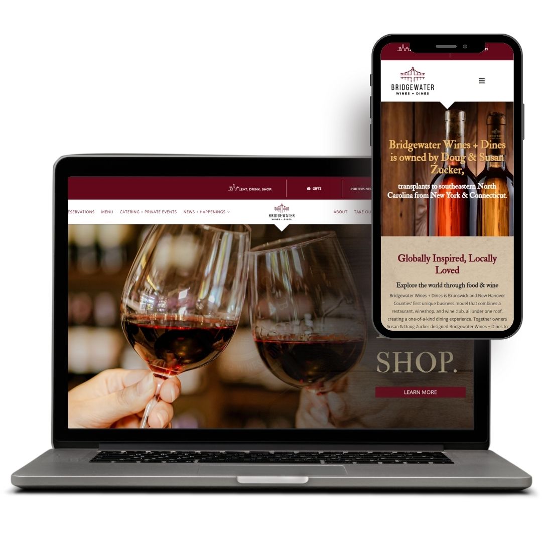 Modern website design for Bridgewater Wines, displayed on a laptop and smartphone, featuring wine glasses and informative text.