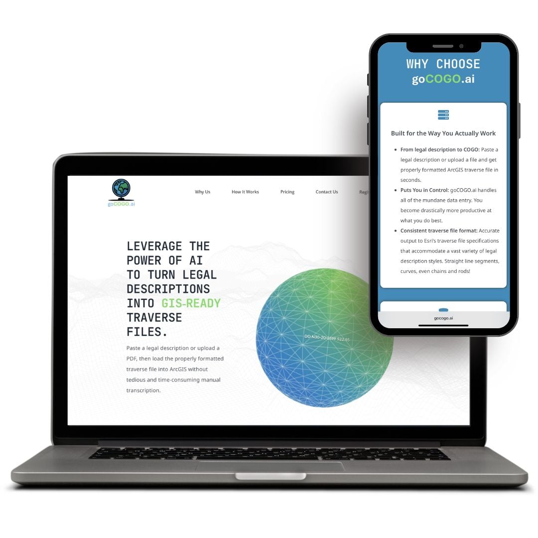 Laptop and smartphone displaying goCOGO.ai website design, highlighting AI-powered GIS-ready legal description conversion features.