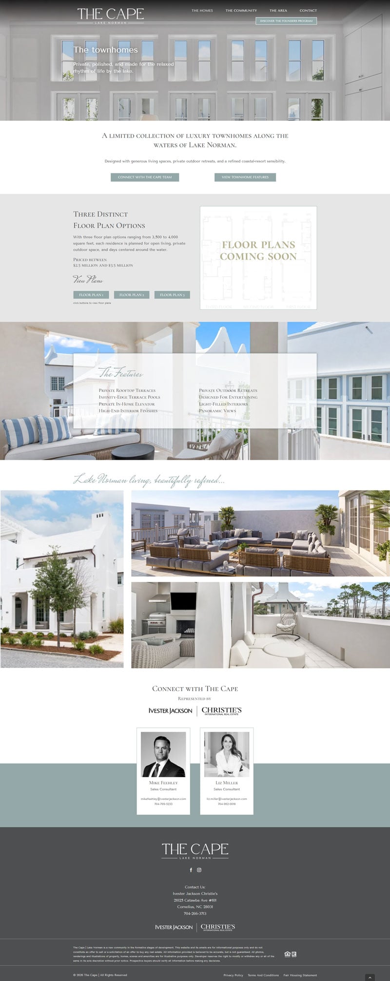 CapeLakeNorman-The-Homes-Page Luxury townhomes by Lake Norman showcased on a polished website design featuring floor plans, features, and contact info for consultants.