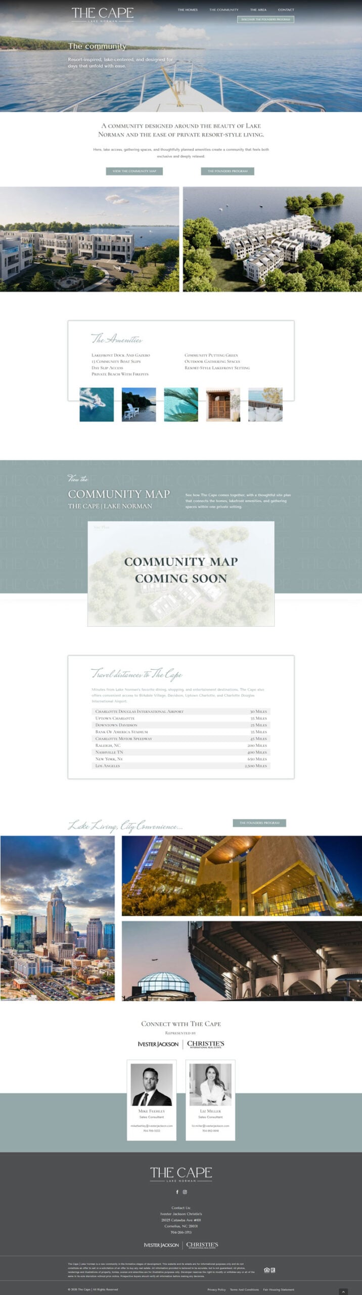 Capelakenorman-The-Community-Page Elegant website design for The Cape at Lake Norman, showcasing luxury lakeside community features, amenities, and contact information.