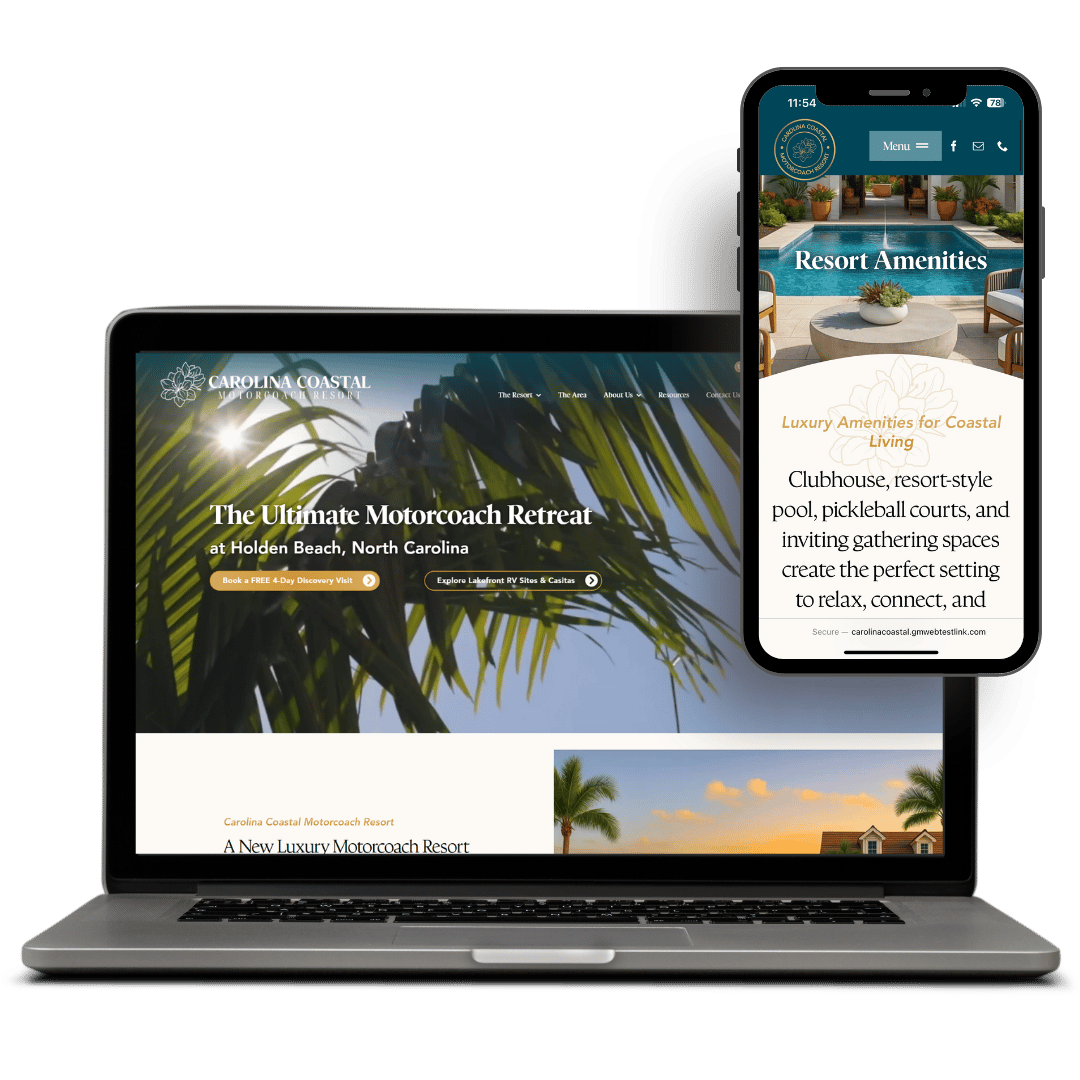 Laptop and smartphone displaying a coastal resort's responsive website design, showcasing amenities and luxury offerings.