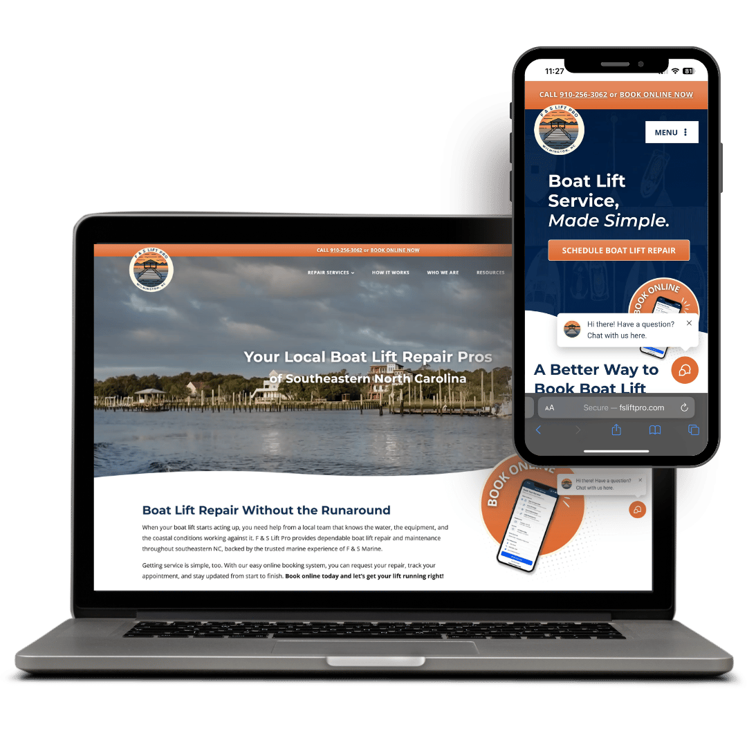 Laptop and smartphone display a boat lift repair website design, emphasizing online scheduling and service simplicity.