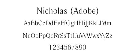 Font sample of "Nicholas" by Adobe, displaying uppercase, lowercase letters, and numbers, suitable for elegant website design.