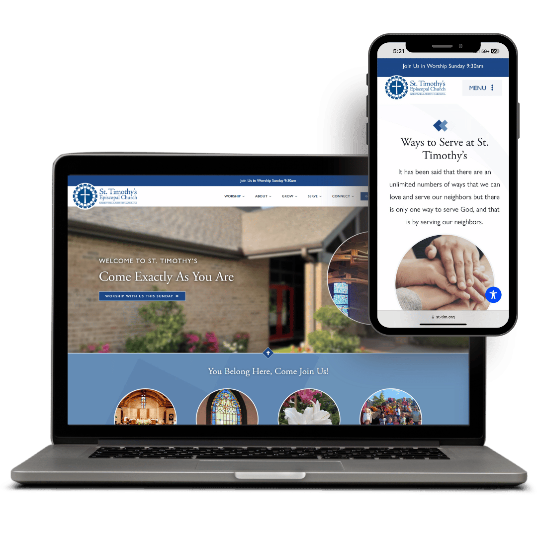 Laptop and smartphone display St. Timothy's Episcopal Church website design, featuring worship details and community service options.